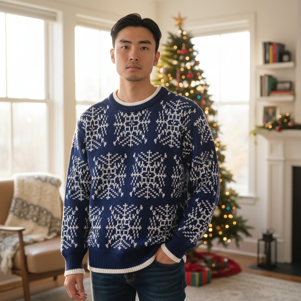 Pine Grove Snowflake Knit‎ Sweater Mens Size M Blue White Vintage Cabin Gorpcore